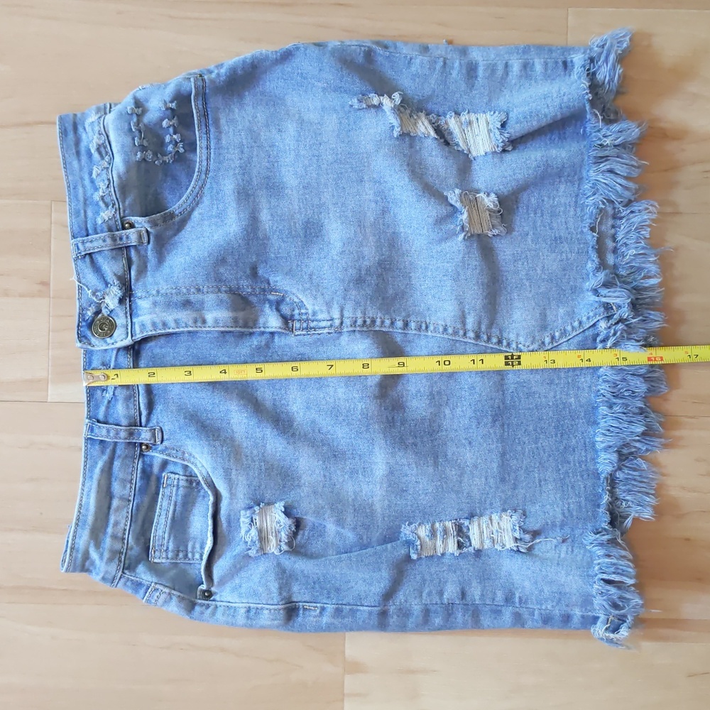 Stretchy Denim Jean Mini Skirt, Distressed, S/ M, Fringed Fitted Stretch Cotton - Picture 9 of 12